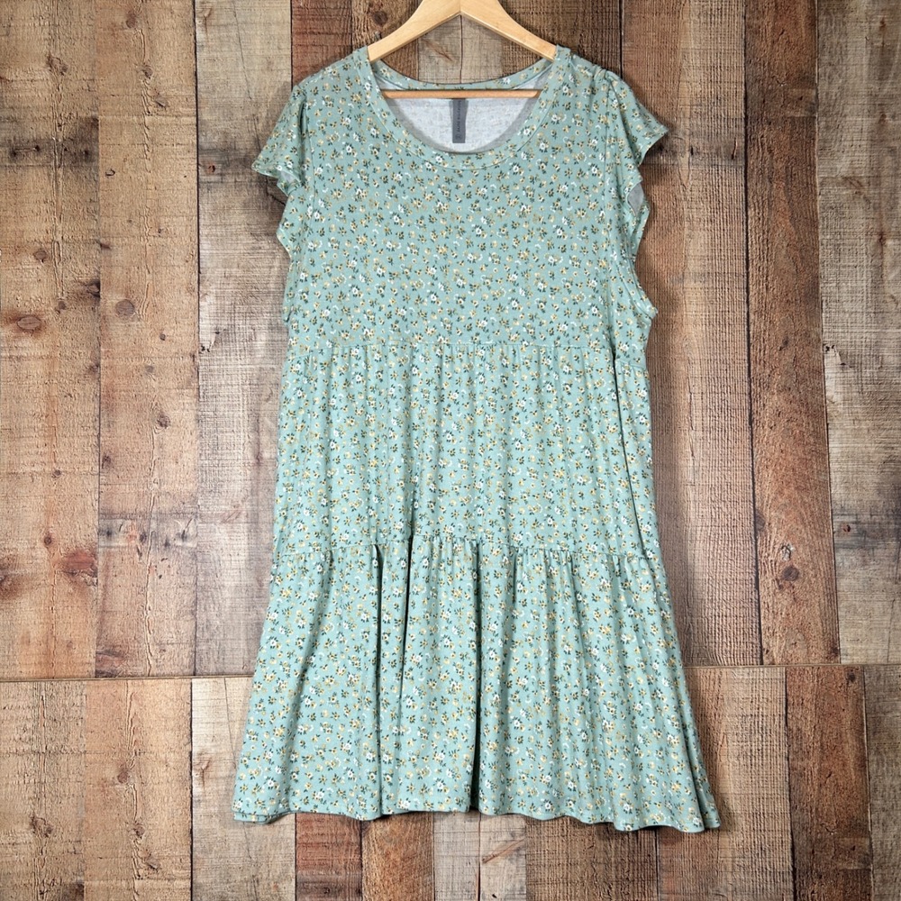 Honeyme Curvy Sage Green Floral Tiered Babydoll Dress Flutter Sleeve XXL Boho